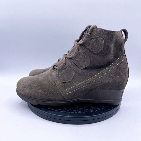 Sorel Evie Major Dark Taupe Gray Brown Lace Suede Wedge Bootie Boots 9 - Picture 2 of 9